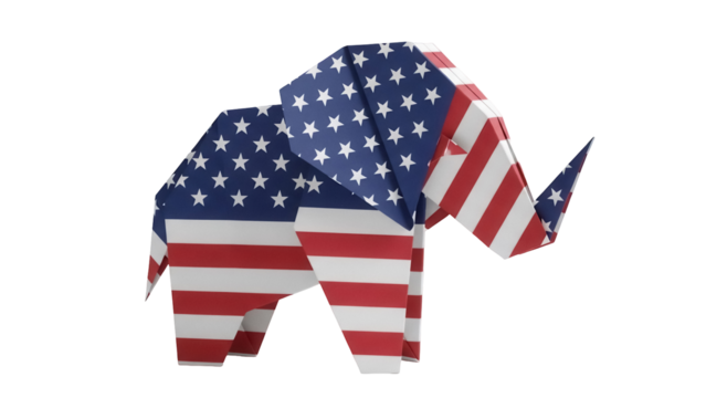 Origami elephant with American flag pattern isolated PNG, patriotic symbol for USA themed designs and political campaigns on transparent background - Powered by Adobe