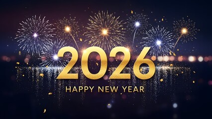 happy new year 2026 celebration with golden numbers, sparkling fireworks, and glittering confetti over city lights