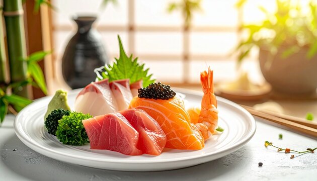 Sashimi and sushi Japanese food set. Salmon, Ikura, wasabi, fish, shrimp and tuna in a Japanese restaurant. - Powered by Adobe
