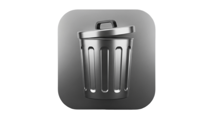 3D Metallic trash can icon with open lid on transparent background