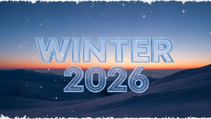 winter 2026 celebration against serene snowy mountain landscape during twilight with starry sky and subtle snowfall