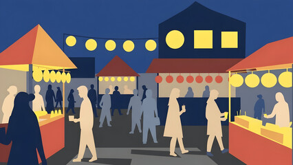 Obraz premium People walking through an illuminated Thai night market scene