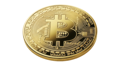 Golden bitcoin coin isolated PNG on transparent background, cryptocurrency digital money for investment and finance