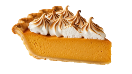 Slice of pumpkin pie with meringue topping isolated PNG, traditional Thanksgiving dessert for holiday celebration and autumn season