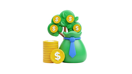 3D Money Tree with Bag of Money and Coins on transparent background
