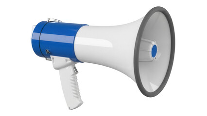 Blue and white megaphone PNG isolated on transparent background, bullhorn loudspeaker for...