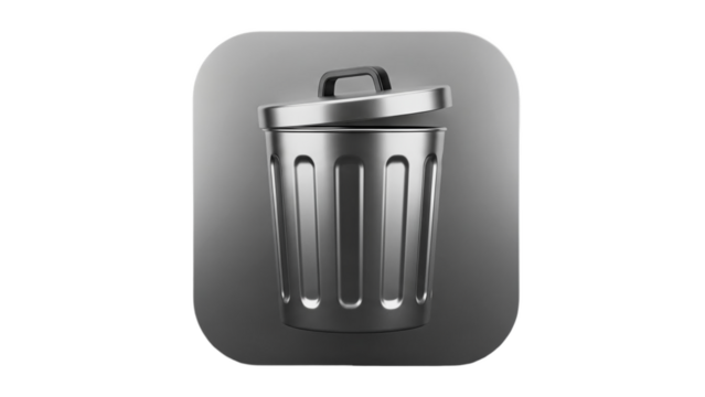 3D Metallic trash can icon with open lid on transparent background - Powered by Adobe