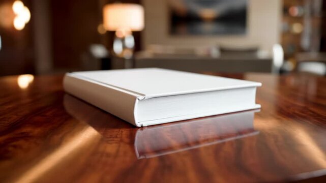 Smooth abstract orbiting rotation shot around a pristine rectangular book mockup resting on a highly reflective dark wood surface with blurred interior background elements template, shape, marketing