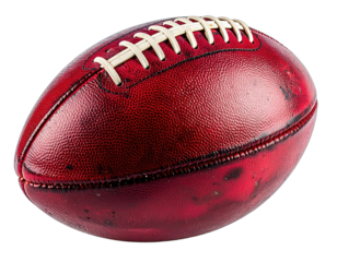 A close-up shot of a textured, red oval ball with white laces, commonly used in sport