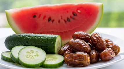 Juicy red watermelon slices and fresh green cucumber on white plate with brown dates  