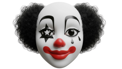 Sad clown mask PNG isolated on transparent background, theatrical makeup with star eye and tear, black curly wig, dramatic expression, no background