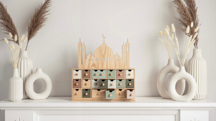 Wooden Ramadan advent calendar in the shape of a mosque on mantel  