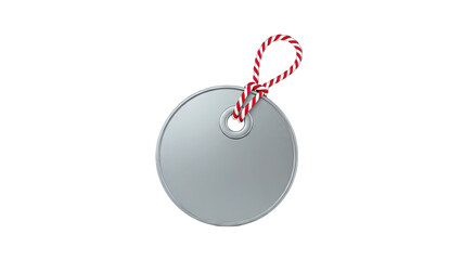 3D Round silver tag with red and white striped string on transparent background