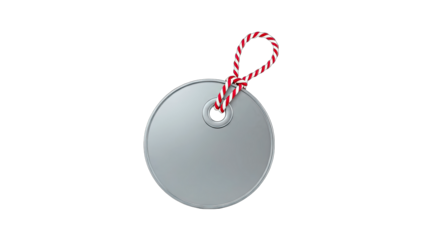 3D Round silver tag with red and white striped string on transparent background