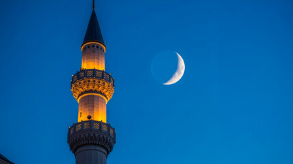 Mosque minaret illuminated at night with crescent moon in sky  