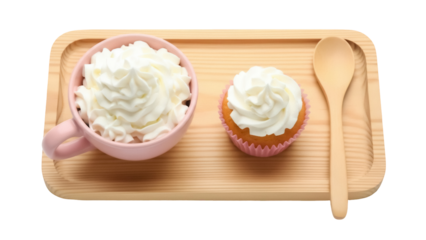 Cupcake with whipped cream isolated PNG on transparent background, sweet dessert treat on wooden tray with spoon for bakery and cafe use