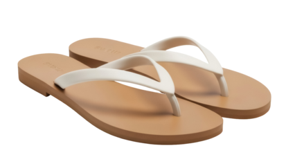 Tan flip flops isolated PNG on transparent background, summer footwear for beach vacation and casual wear, comfortable sandals