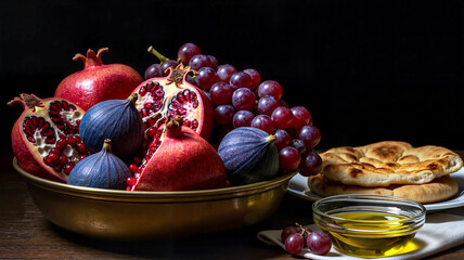 Copper bowl filled with fruits including pomegranates, figs, grapes, and bread  