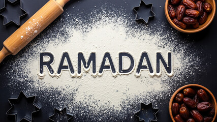 Ramadan spelled out in flour with dates and rolling pin on black background  