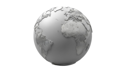 Monochrome globe PNG isolated on transparent background, world map with continents and oceans for geography and education projects