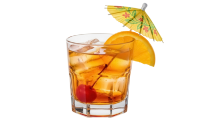 Old fashioned cocktail with cherry and orange slice isolated PNG, classic alcoholic drink with ice cubes on transparent background