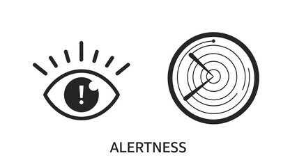 Alertness symbol with eye and radar icons in simple black line art on white background for security awareness