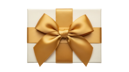 Elegant gift box with golden ribbon and bow isolated PNG, present for special occasions and celebrations on transparent background
