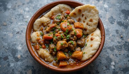 
Traditional Qatari Thareed with flatbread soaked in rich meat and vegetable stew, served in a clay bowl, homestyle Middle Eastern food, natural light, top-angle composition