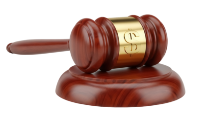 Wooden gavel with gold dollar sign isolated PNG, symbol of financial justice and legal decisions on transparent background
