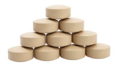 Pile of beige round tablets isolated PNG on transparent background, medication for health and wellness, pharmaceutical product