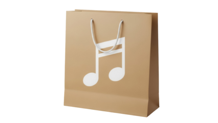 Tan paper shopping bag with music note isolated PNG, retail merchandise container for musical products and gifts on transparent background