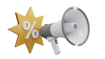 Megaphone with percentage sign isolated PNG on transparent background, promotion announcement for marketing and advertising use