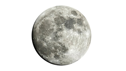 Detailed full moon PNG isolated on transparent background, lunar surface with craters and shadows...