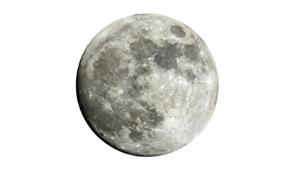 Detailed full moon PNG isolated on transparent background, lunar surface with craters and shadows for astronomy and space exploration projects
