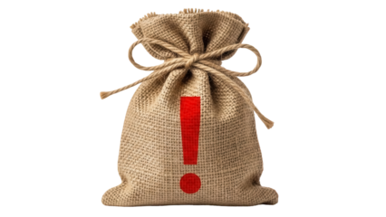 Burlap sack with red exclamation mark isolated PNG, rustic bag for storage or gift, symbol of warning or importance on transparent background