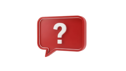 Red speech bubble with question mark isolated PNG, 3D rendering on transparent background for social media and communication design