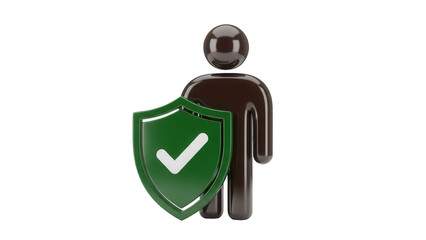 Dark brown person icon with green shield and checkmark isolated PNG, security and protection concept for website and app design