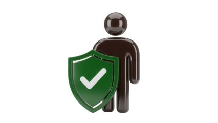 Dark brown person icon with green shield and checkmark isolated PNG, security and protection concept for website and app design