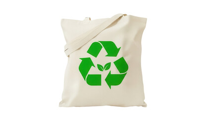 Reusable beige tote bag with green recycle symbol isolated PNG, eco-friendly shopping bag for sustainable lifestyle and environmental awareness