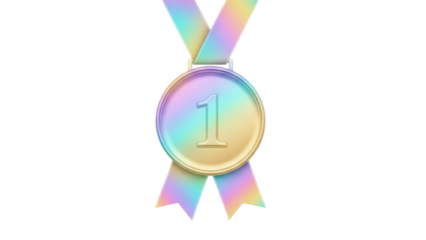 Holographic first place medal PNG isolated on transparent background, number one award with rainbow ribbon for winner or champion