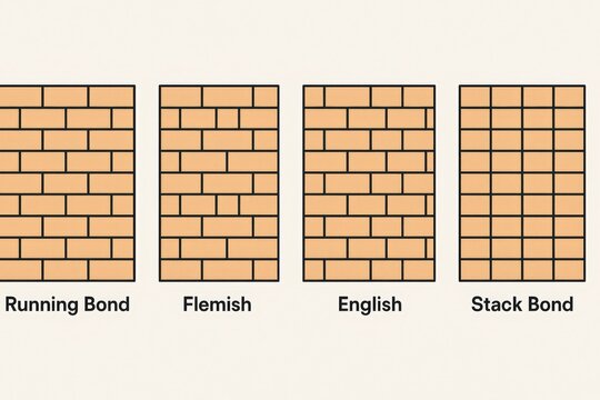 Illustration of Common Brick Bond Patterns: Running, Flemish, English, Stack