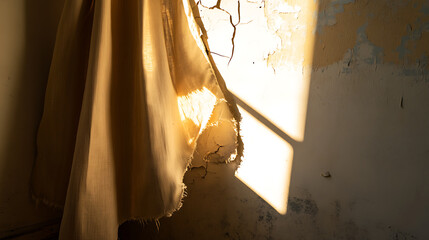 A fragment of aged fabric hangs beside a weathered wall, bathed in soft sunlight. The light and shadow play creates a minimalist, yet evocative scene. Details like wall cracks.