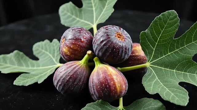 Fresh Ripe Figs With Green Leaves On A Dark Background.