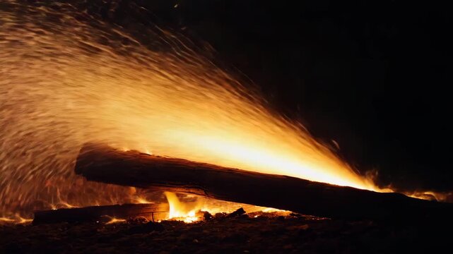 Fire sparks rising from burning wood in darkness, cinematic energy and contrast