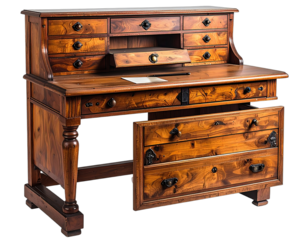 Antique wooden desk with multiple drawers and compartments, offering storage solutions