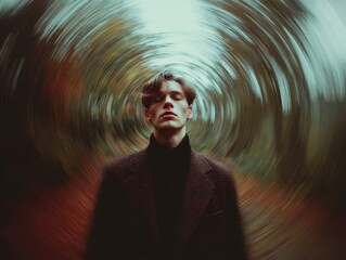 A young man stands still in a blurred outdoor scene. The surrounding colors swirl around him, creating a sense of disorientation and confusion in nature