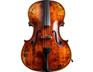 Antique stringed instrument with rich wood grain and fine details, isolated on black