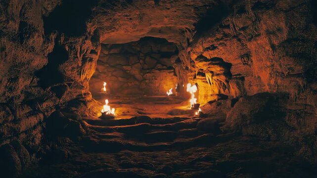 Firelight illuminating stone cave, cinematic warmth and natural realism