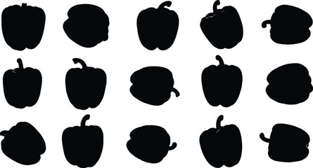 Collection of 15 black pepper or bell pepper silhouettes on white background