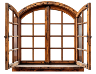 Wooden, arched window, fully opened, intricate design, showing panes and a window seat